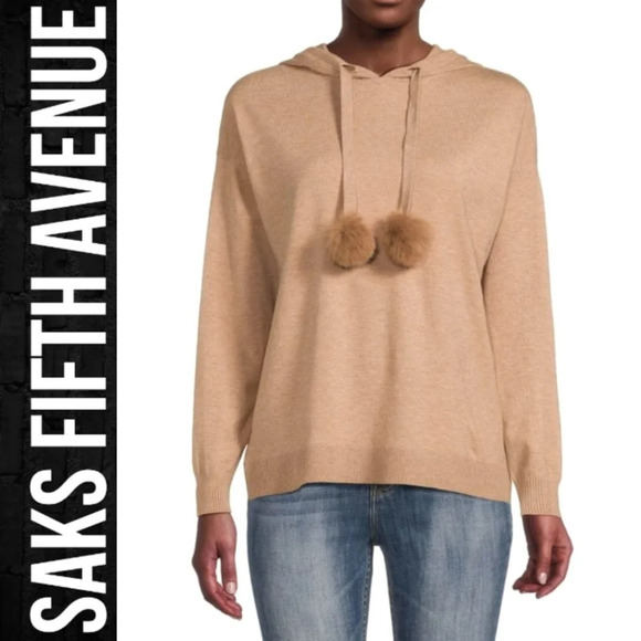 SAKS FITH AVENUE Nwt Drop Shoulder Faux Fur Trim Hoodie, Heather Camel Brown, XL - Picture 1 of 11